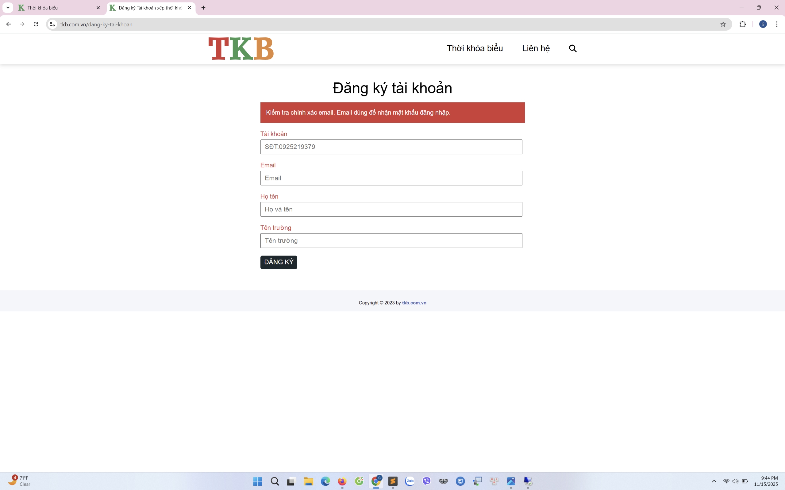 Đăng ký tài khoản xếp thời khóa biểu